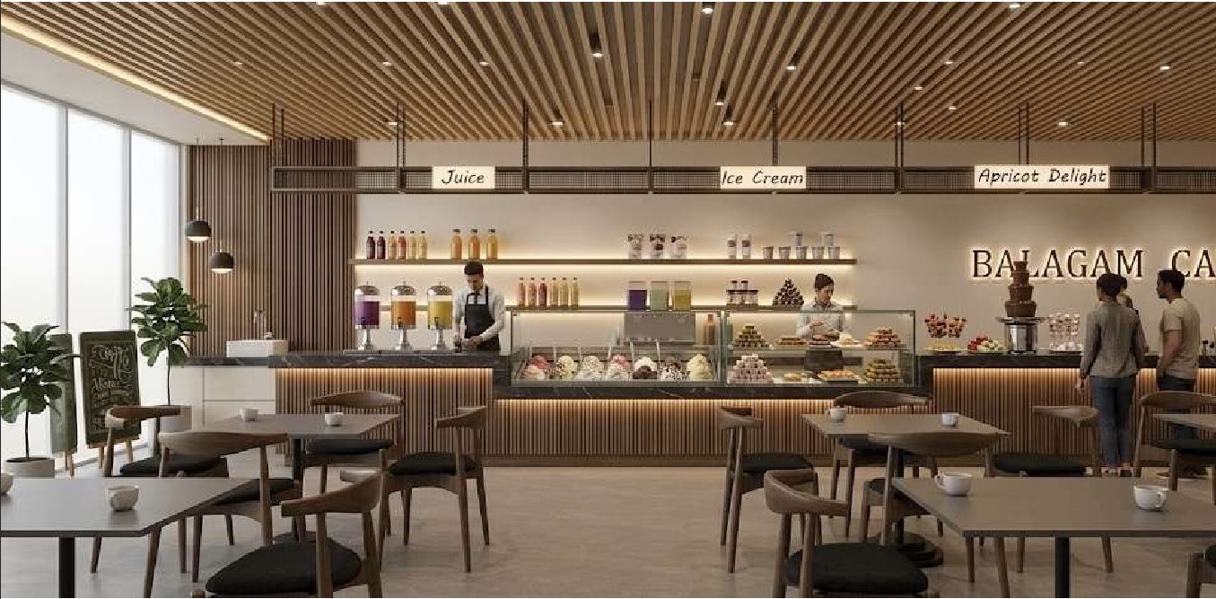 Balagam Cafe commercial interior with warm ceiling detail and service counter