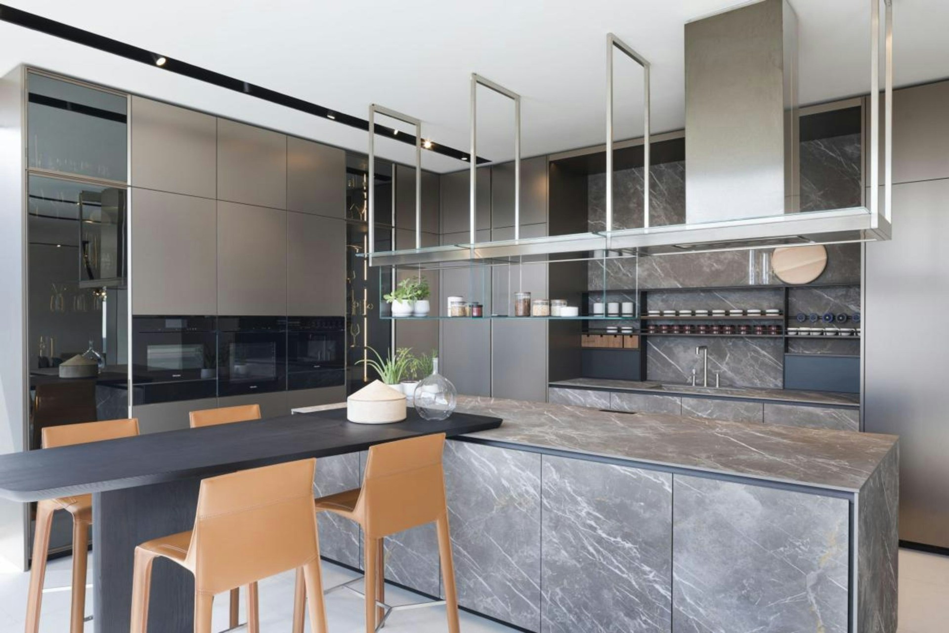 Modern luxury kitchen with marble island and refined cabinetry