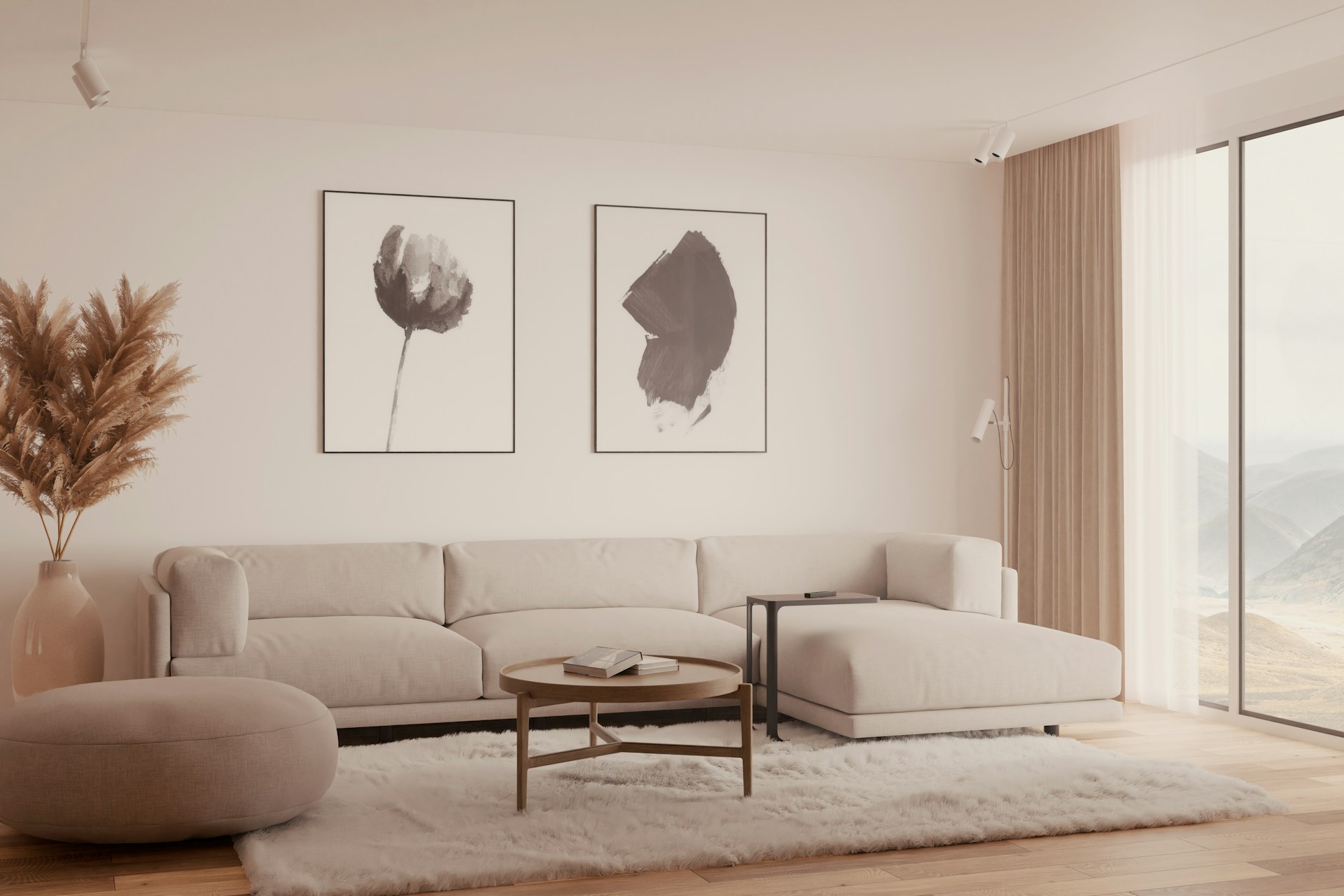 Warm beige living room with sectional sofa, wall art, and soft neutral styling