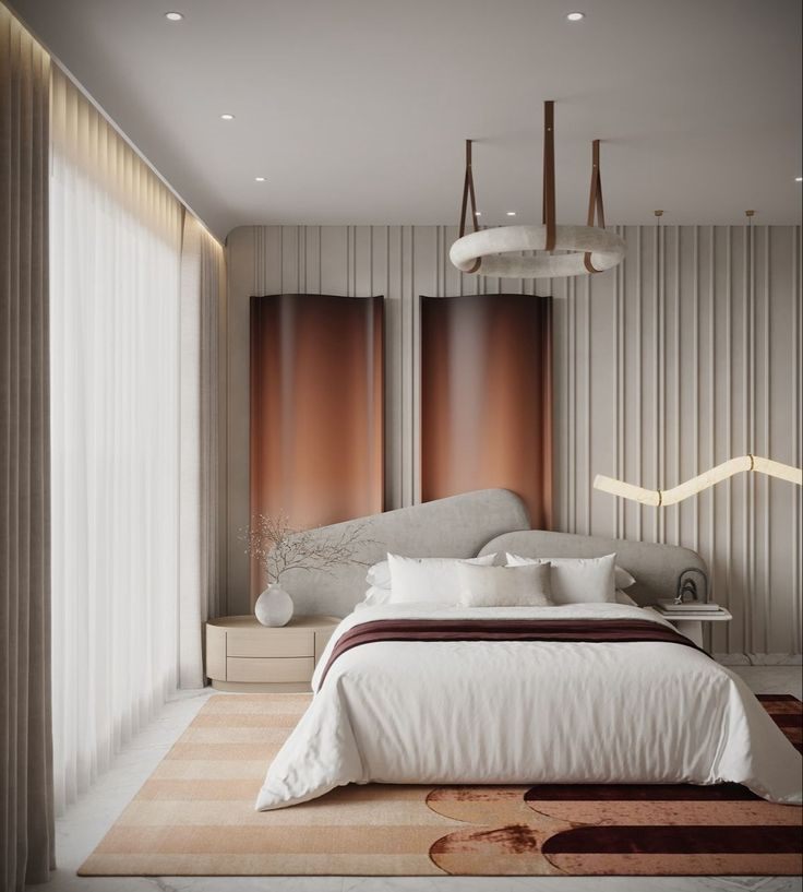 Master bedroom suite with warm neutral finishes