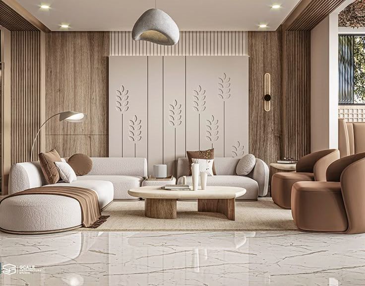 Luxury family living room with curved seating and neutral palette
