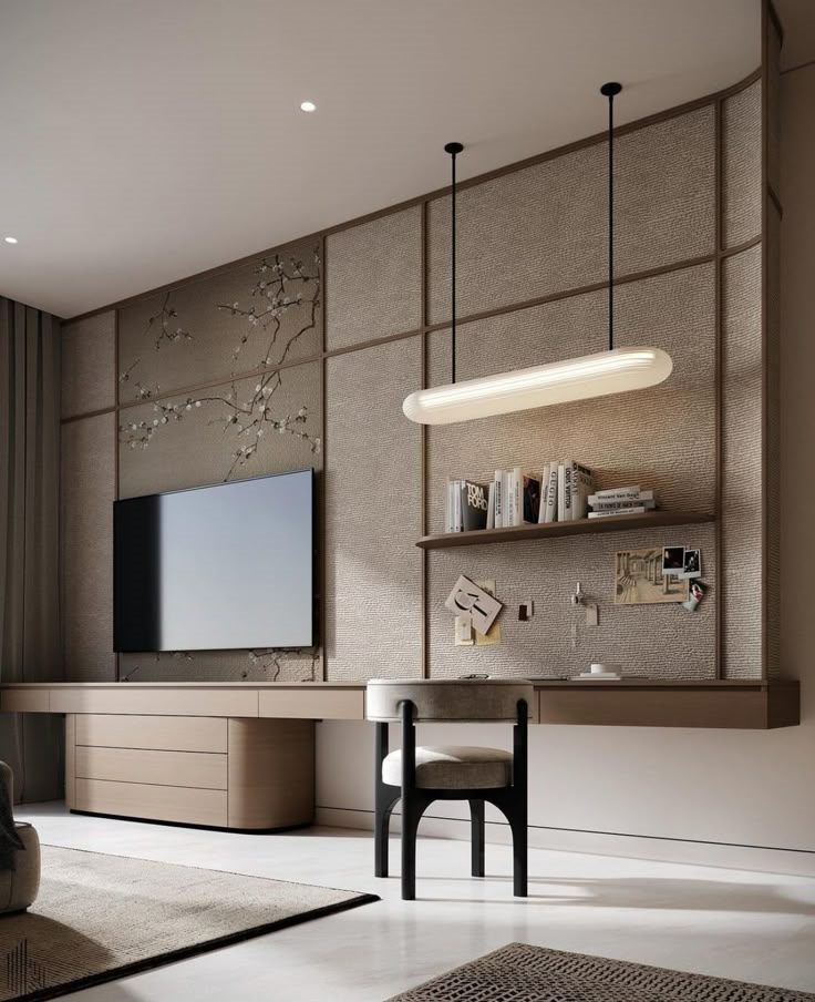 Elegant media wall and study zone with warm storage detail