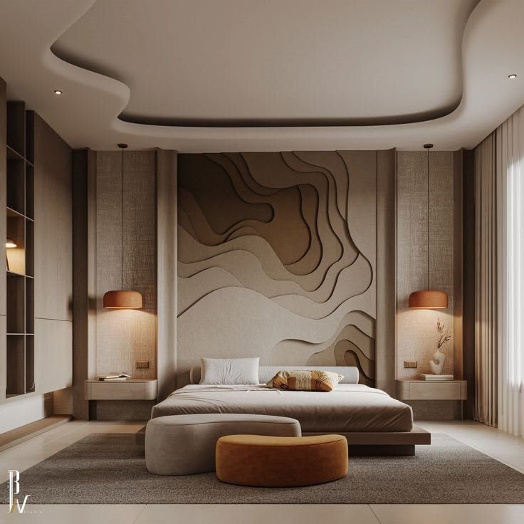 Serene master bedroom with sculpted wall detail